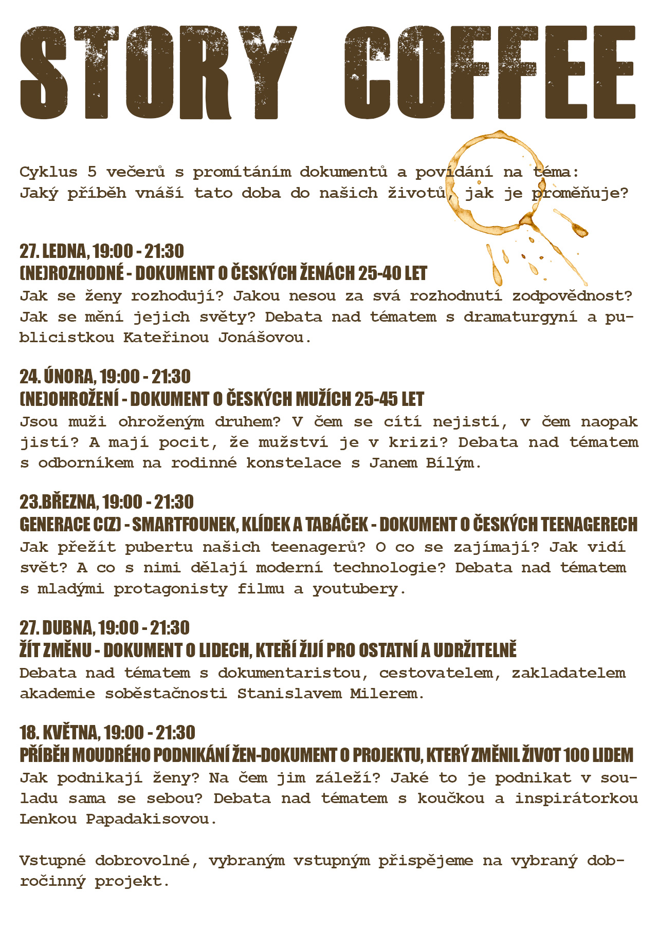 Story coffee - promítání dokumentů v GALERII & KAVÁRNĚ Art-nCoffee Story coffee - promítání dokumentů v GALERII & KAVÁRNĚ Art-nCoffee